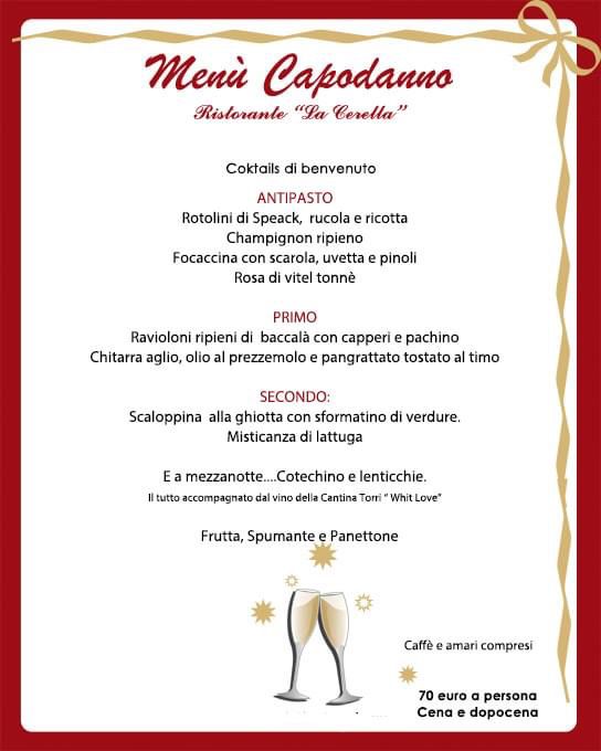 locandina con menu per il cenone di capodanno del 2022 presso il ristorante la cerella