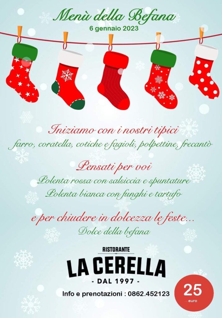 Locandina menu per la befana del 6 gennaio 2023 presso il ristorante La Cerella