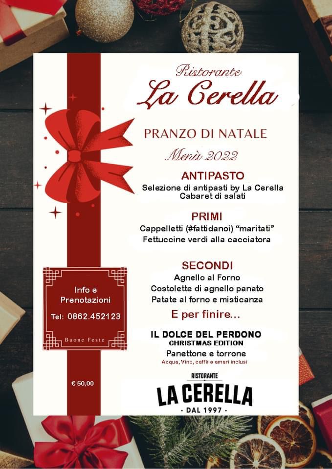 Locandina con menu per il pranzo di Natale del Ristorante la Cerella