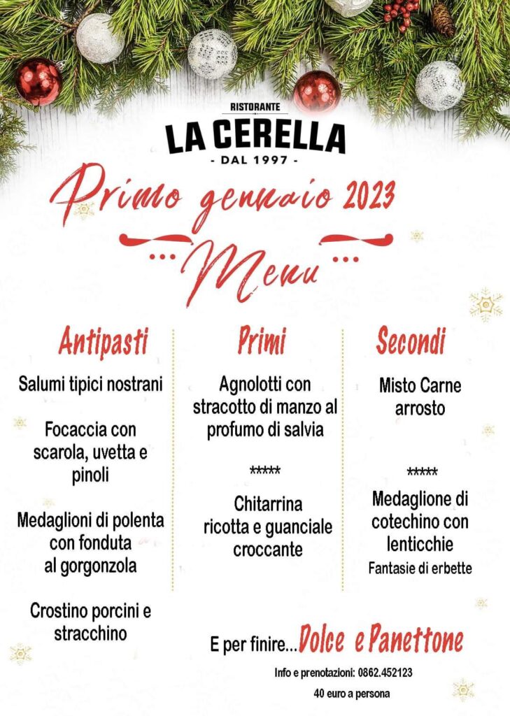 Locandina con menu per il pranzo del primo dell'anno gennaio 2023 presso il ristorante La Cerella